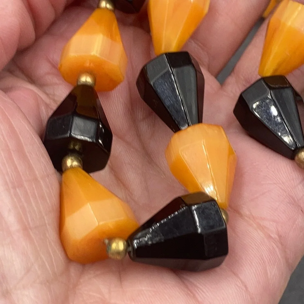 Vintage Bakelite Black Orange Pyramid Bead Necklace Earring Set